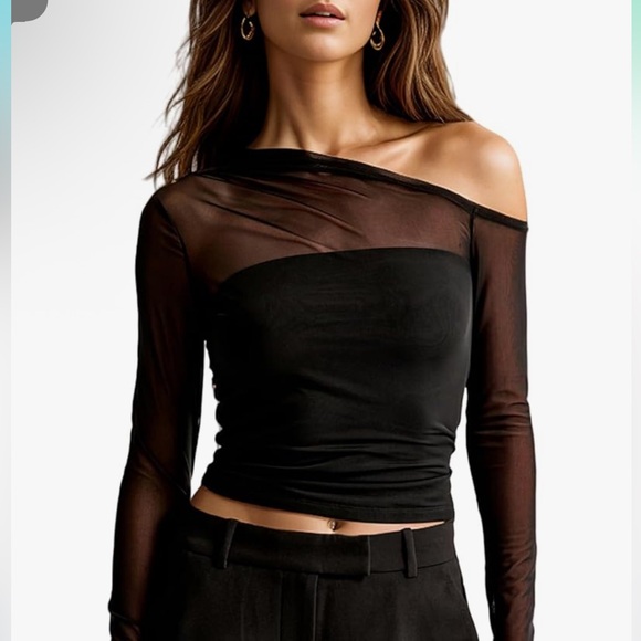 Women's Off Shoulder Long Sleeve Mesh Top - Picture 1 of 3